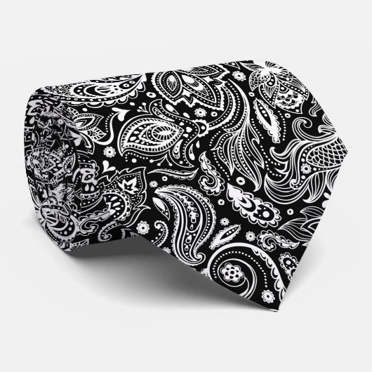 Cravate Élégant Motif blanc & noir floral Paisley (Roulé)