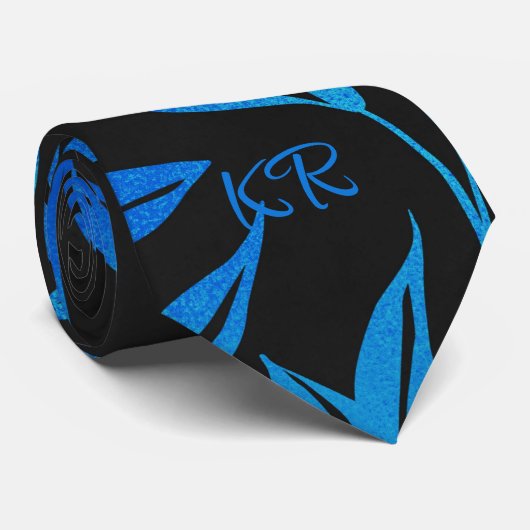 Cravate Elégant Motif bleu noir feuille élégant Initiales (Roulé)