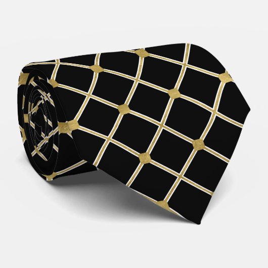 Cravate élégant motif carrelé blanc or noir (Roulé)