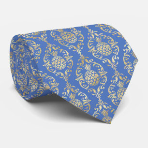 Cravate élégant motif carrelé bleu ananas damassé