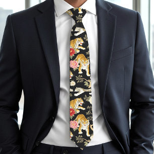 Cravate Élégant motif de chinoiserie noir avec tigre et pi