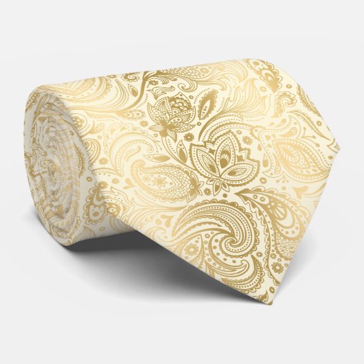 Cravate Élégant Motif Lumière Or Et Ivory Paisley (Roulé)