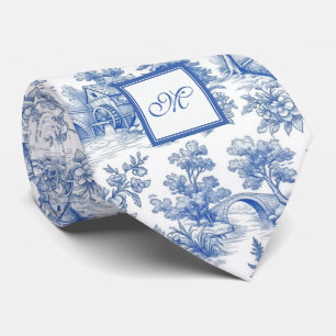 Cravate Élégant motif monogrammé toile de Jouy bleue vinta
