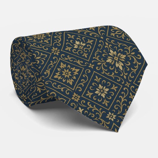 Cravate Elegant Navy & Gold Geometric Pattern Tie for Men (Roulé)