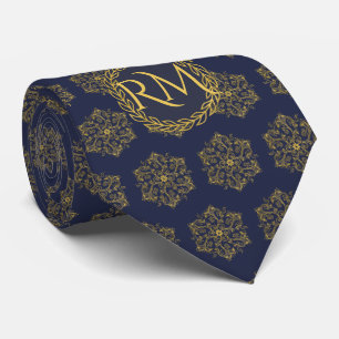 Cravate Élégant or marine fleurit exclusif monogrammed