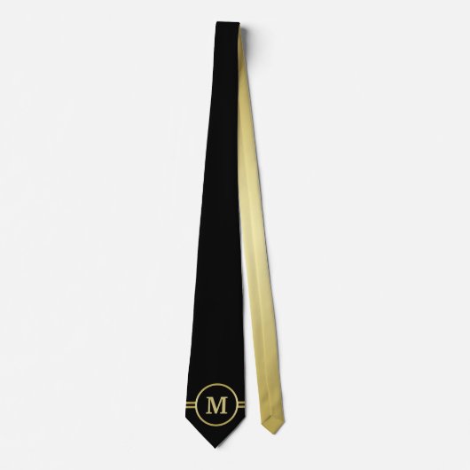 Cravate Élégant or Monogramme personnalisé sur noir (Devant)