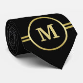 Cravate Élégant or Monogramme personnalisé sur noir (Roulé)