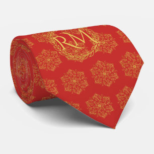 Cravate Élégant or rouge fleurit exclusif monogrammed