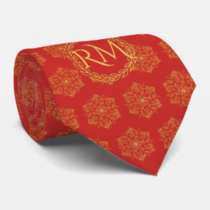 Cravate Élégant or rouge fleurit exclusif monogrammed