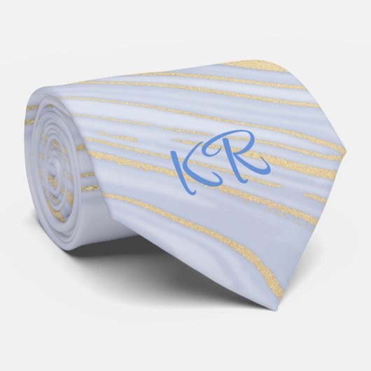 Cravate Élégant Pastel Blue Gold Marble Initiales Motif (Roulé)