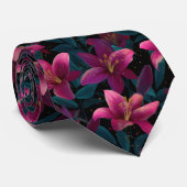 Cravate Elegant Pink Lily Floral Pattern on Black (Roulé)