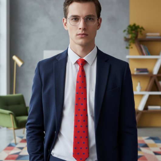 Cravate Elegant Red Tie with Embroidered-Effect Blue Stars