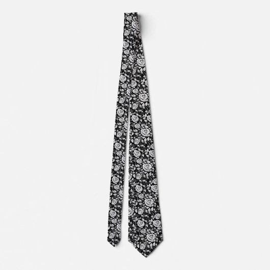 Cravate Élégant Rose Floral Feuille Motif noir et blanc (Dos)
