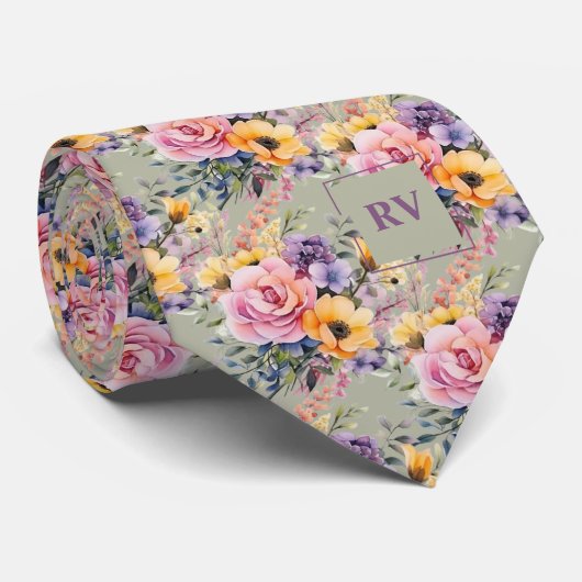 Cravate Elégant rose rose rose Sage Vert Aquarelle Fleurs (Roulé)