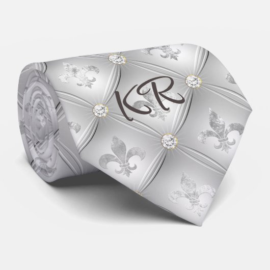 Cravate Elegant Silver Gray Fleur de Lis Pattern Initials (Roulé)