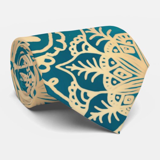 Cravate Élégant Turquoise Vert or Mandala Motif (Roulé)