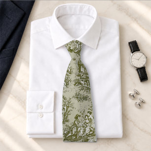 Cravate Élégant vert olive toile de Jouy imprimé vintage
