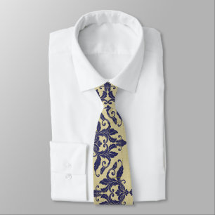 Cravate Elégant vintage damassé marine bleu jaune monogram