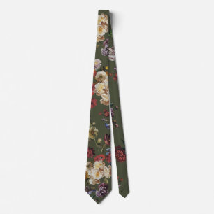 Cravate Élégant Vintage Foncé Floral sur Fond Vert Olive