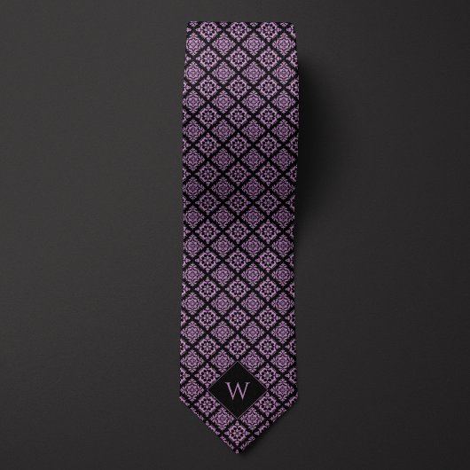 Cravate Élégant violet et noir monogramme arabesque