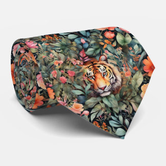 Cravate Elégante aquarelle jungle fleurie et tigre