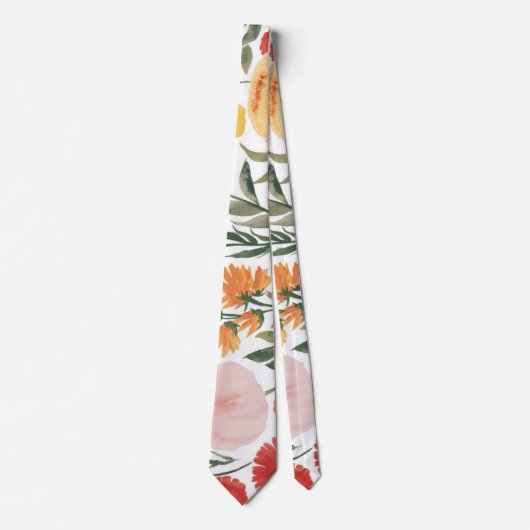 Cravate Elégante aquarelle orange rose fleurs (Devant)