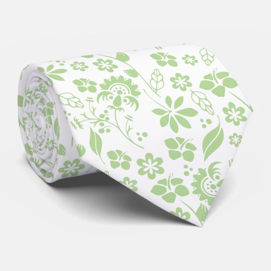 Cravate Élégante chaux pâle Vert et Blanc Fleurs tropicale (Roulé)