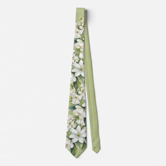 Cravate Élégantes Fleurs Blanches Vertes Mariage du Marié (Devant)