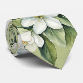 Cravate Élégantes Fleurs Blanches Vertes Mariage du Marié (Roulé)