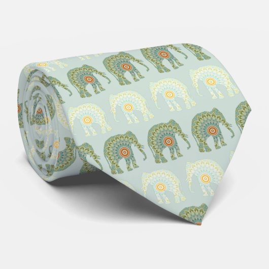 Cravate Elephant et Mandala en vert clair (Roulé)