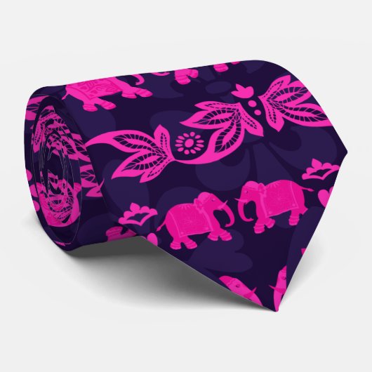Cravate Eléphant ethnique mariage rose et Motif bleu (Roulé)