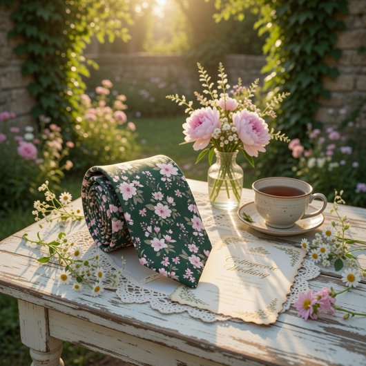 Cravate Emerald Green Floral Pink Blossom