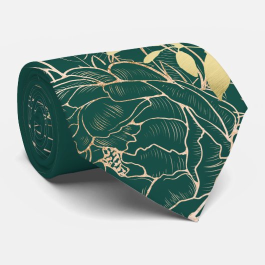 Cravate Emerald Green & Gold Peony Moderne Floral Mariage (Roulé)