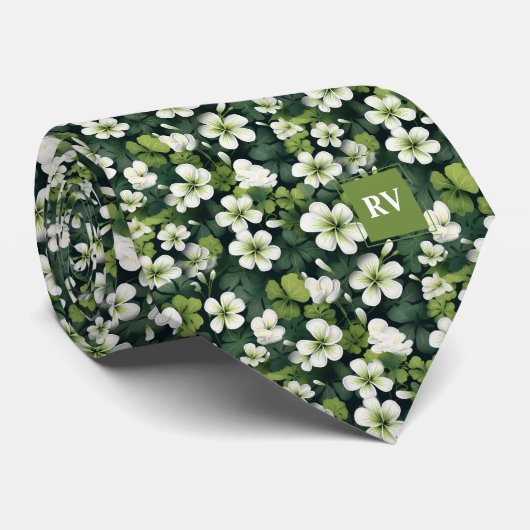 Cravate Émeraude Vert Shamrock motif floral (Roulé)