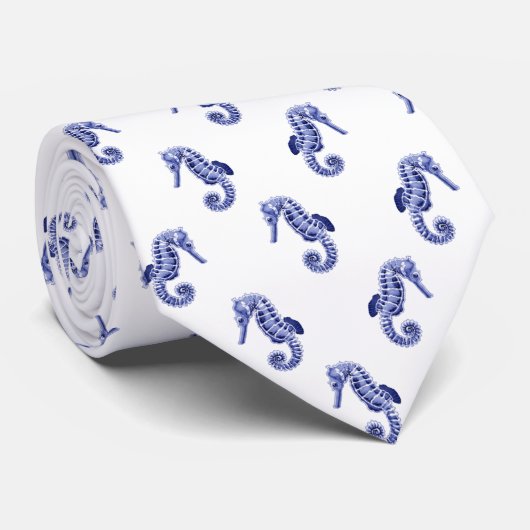 Cravate Empreinte d'hippocampe bleu et blanc (Roulé)