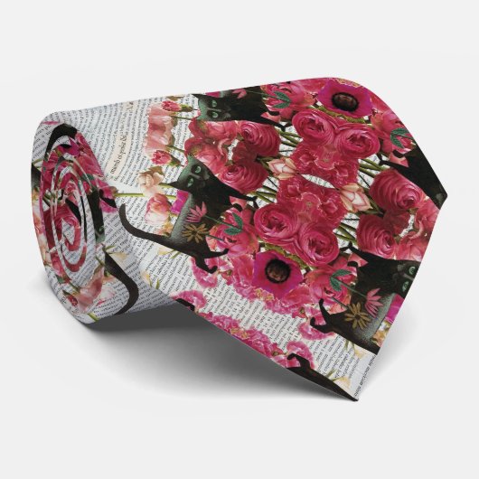Cravate Endormez-vous pour rêver Chat noir Fleurs roses ch (Roulé)