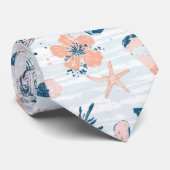 Cravate Été Plage Tropical Bleu Corail Rayé  (Roulé)