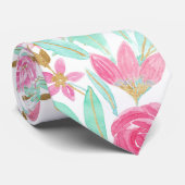 Cravate Eté rose or Turquoise Aquarelle Fleurs Motif (Roulé)