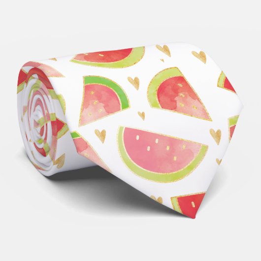 Cravate Eté Watermelon Slices & Gold Heart Motif (Roulé)
