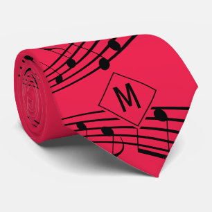 Cravate Étiquettes de NOTES MUSICALES   Noir rouge   Monog