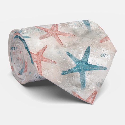 Cravate Étoile de mer côtière sur motif de vagues de sable (Roulé)