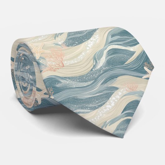 Cravate Étoile de mer côtière sur motif de vagues de sable (Roulé)