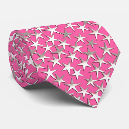 Cravate Étoiles d'argent sur fuchsia rose (Roulé)