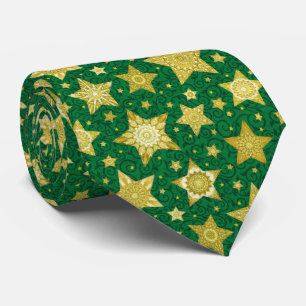 Cravate Étoiles dorées de Noël sur motif damassé vert