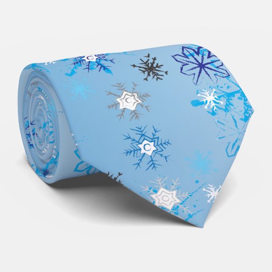 Cravate Étoiles et flocons de neige bleu et blanc complexe (Roulé)