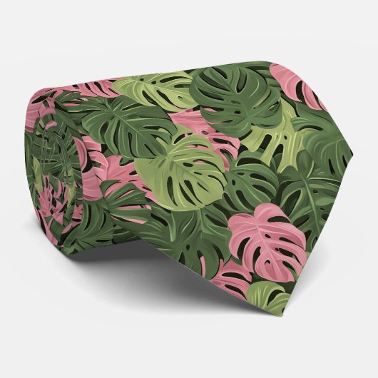 Cravate étonnante avec Feuilles tropicaux en vert  (Roulé)