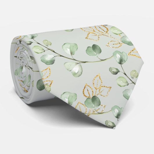 Cravate Eucalyptus d'or vert Élégant Mariage d'argent (Roulé)