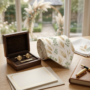 Cravate Eucalyptus Élégant et Herbe de Pampas Bohème Neutr