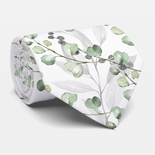 Cravate Eucalyptus Vert Elégant Mariage Aquarelle (Roulé)