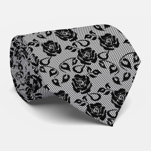 Cravate Faux Black Lace Neck Tie Fishnet with Roses (Roulé)